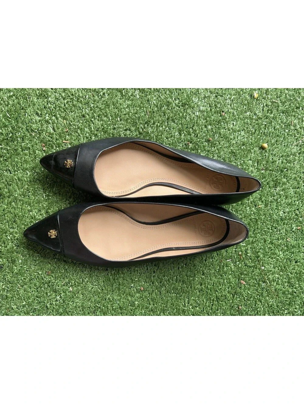 Tory Burch Fairford Black Leather Pointy Toe Cap Toe Flats Size